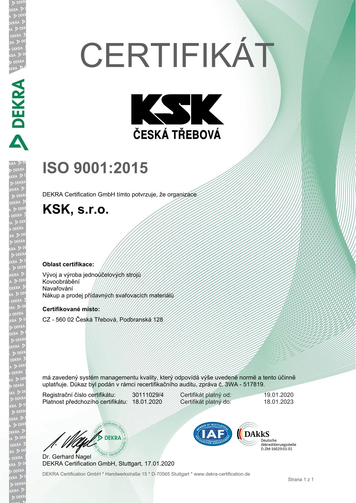 certificate ISO 9001 - CZ